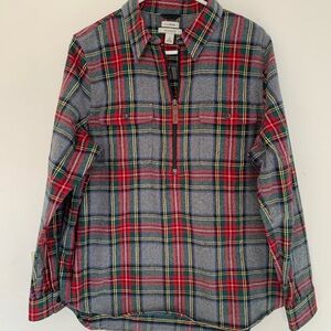 LL Bean Large Women's Scotch Plaid Flannel Shirt, Quarter-Zip Gray/Red NWOT